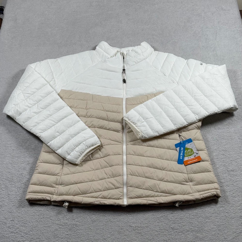 Columbia Powder Pass Jacket Womens White Tan Puffer Insulated Full Zip NEW XL